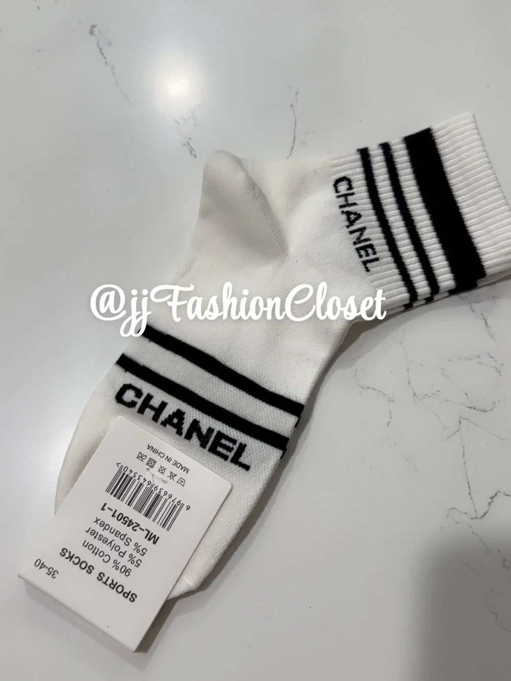 CCute White and Black Striped Logo Crew Socks